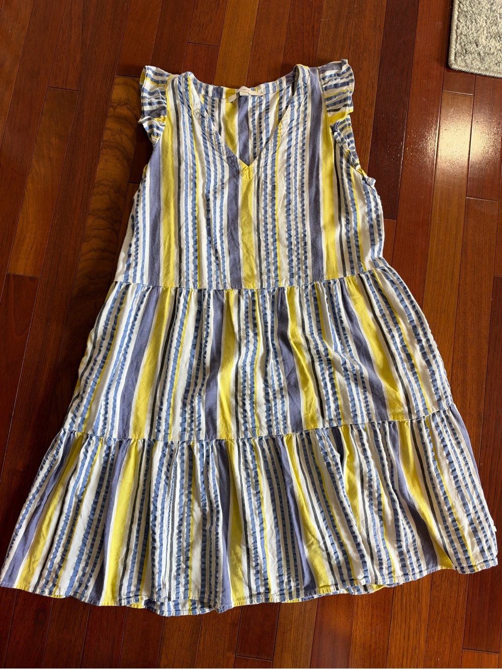 LOFT Yellow and Blue Striped Tiered Dress